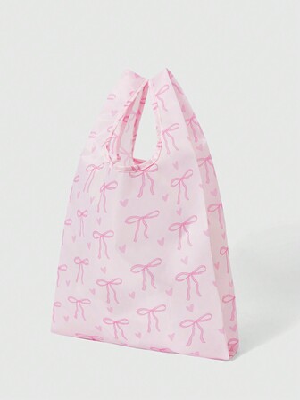 Kawaii حقيبة يد كبيرة السعة قابلة للطي مع طباعة الفيونكة، للنساء