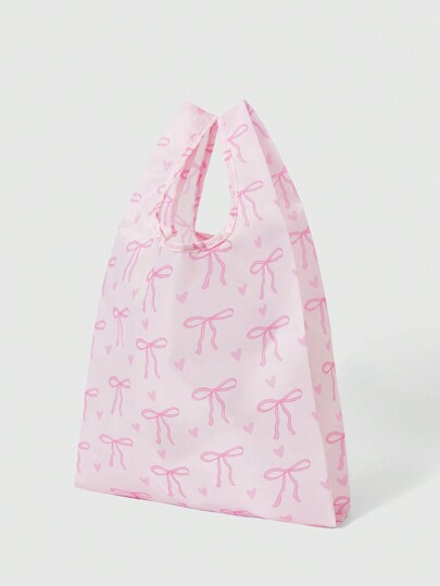 Kawaii حقيبة يد كبيرة السعة قابلة للطي مع طباعة الفيونكة، للنساء