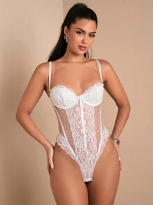 SHEIN BAE 女士细肩带蕾丝拼接黑色紧身胸衣上衣性感紧身衣、万圣节服装、猫女服装 - 白色 - 查看 4