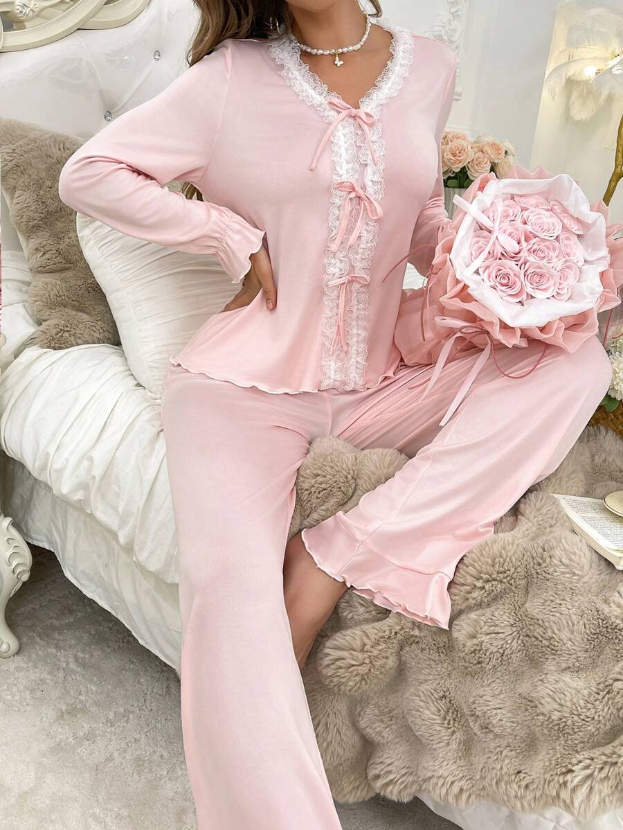SweetSlumber Elegant Women Sleepwear Pajama Set With French Lace Trim And Contrasting Colors Cozy And Elegant Details, Fall Winter Clothes - Pink - View 1