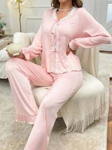 SweetSlumber Elegant Women Sleepwear Pajama Set With French Lace Trim And Contrasting Colors Cozy And Elegant Details, Fall Winter Clothes - Pink - View 6