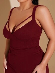 SHEIN BAE 大码性感纯色镂空连体裤秋季修身长款阔腿连体裤，配有分体式胸罩杯和细肩带，适合外出和通勤等优雅休闲场合