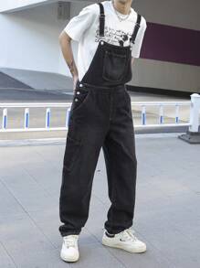 Manfinity Homme Men's Wide Strap Button Pocket Simple Casual Denim Bib Overalls