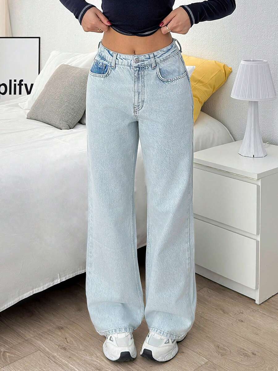 EURMUSE 女式高腰口袋直筒宽松休闲牛仔裤 - 淺色水洗藍 - 查看 1