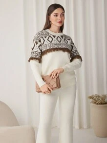 Mulvari 2pcs/Set Women Geometric Print Tassel Decor Crew Neck Long Sleeve Sweater Top And Solid Color Pants - Apricot - View 5