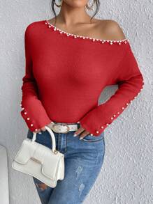 SHEIN Privé Solid Color Asymmetric Collar Studded Decor Casual Versatile Long Sleeve Pullover Sweater - Red - View 5