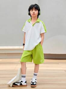 SHEIN Leap Crew Tween男孩寬鬆休閒對比色翻領T卹和短褲組合 - 白色 - 查看 6