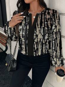 SHEIN Clasi Plus Size All-Over Print V-Neck Long Sleeve Elegant Commuting Shirt - Multicolor - View 5