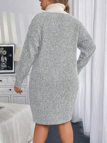 Calvaya Plus Size Jednolity Kolor Patchwork Golf Długi Rękaw Casual Krótki Sweter Sukienka, Na Zimę