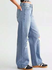 Women's Front Button Pocket Distressed Casual Denim Jeans
