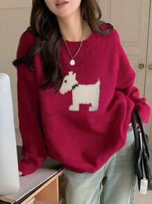 DAZY Women Loose Fit Round Neck Dog Pattern Knit Sweater,Fall Clothes Christmas,New Year