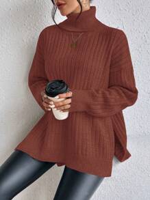 SHEIN Clasi Áo len nữ cổ cao tay dài xẻ tà, kiểu dáng thường ngày, thích hợp mặc mùa thu đông. - Rỉ Nâu - Xem 5