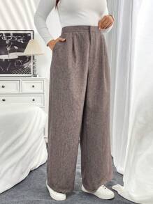 SHEIN Essnce 大码女式秋季正式夏季商务休闲优雅长裤 专业时尚休闲优雅通勤口袋裤，正装裤 - 卡其色 - 查看 3