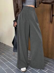 DAZY 女式条纹阔腿裤，带褶饰和松紧腰口袋，女式秋季正装裤 - 灰色 - 查看 9
