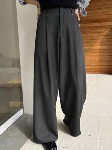 DAZY 纯色宽松阔腿裤带口袋，休闲商务女士西装裤，女士正装裤 - 灰色 - 查看 6
