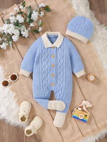 SHEIN 彼得潘风格 2 件套婴儿套装，包括针织连体衣和帽子。经典扭纹针织图案，领口设计，休闲简约，可爱的绅士造型，适合婴儿日常穿着