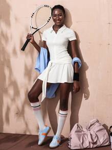 Menodora SHEIN Sport Polo Collar Zippered Shed Skirt Gathered Waistband Mini Women Active Dresses - White - View 1