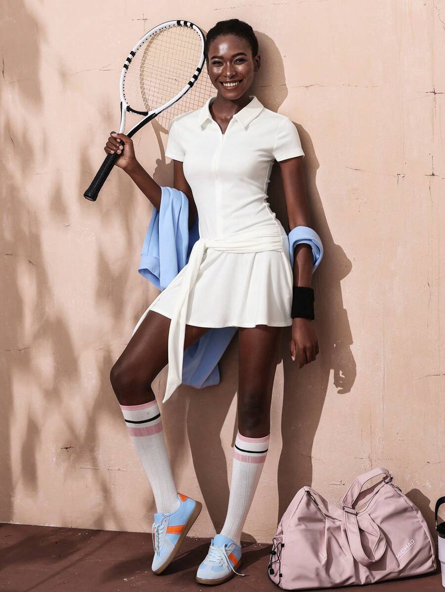 Menodora SHEIN Sport Polo Collar Zippered Shed Skirt Gathered Waistband Mini Women Active Dresses - White - View 1