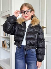 SHEIN Tween Girls 纯黑色冬季拼布蓬松连帽短款黑色棉服外套，秋冬思考者 - 黑色 - 查看 8