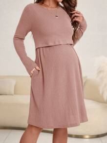 SHEIN 孕妇休闲纯色圆领长袖哺乳连衣裙，带罗纹细节，秋季