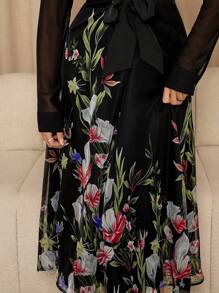 SHEIN Clasi Vestido largo elegante de mujer con estampado floral de malla, contraste de manga larga, cintura anudada, vestido de camisa, vestido negro elegante, vestido largo de mujer de manga larga, vestido con botones, atuendo de vacaciones para mujer