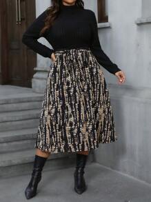 SHEIN LUNE 大码女式秋冬立领拼布格子下摆长袖优雅办公室连衣裙冬季连衣裙感恩节服装节日服装节日派对连衣裙加大连衣裙