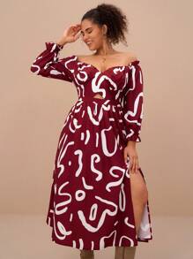 SHEIN VCAY Plus Size Red Letter & Geometric Off Shoulder Long Sleeve A-Line Split Hem Dress, Romantic Holiday/Date Party Backless Open Back Dress For Christmas New Year - Red and White - View 6