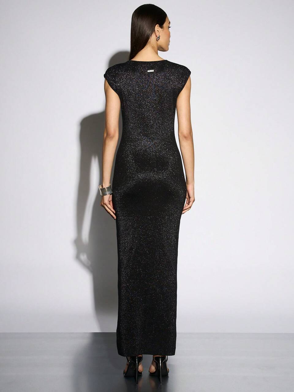 AiiRZ Form Fitting Metallic Shimmer Knit Maxi Sweater Dress Cap Sleeve