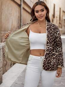 SHEIN VCAY 大码豹纹口袋长袖休闲夹棉外套，适合度假、秋冬季穿着 - 彩色 - 查看 10