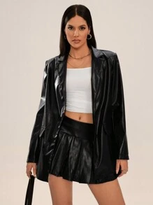 SHEIN SXY 秋季女装；女士办公室服装；2 件套：黑色 PU 百褶裙和宽松西装外套，适合秋冬季 - 黑色 - 查看 4