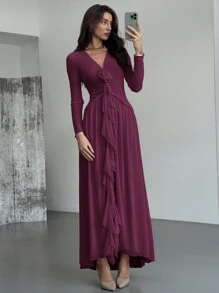 Aloruh New Elegant Ruffle Tie Decor 3D Flower Design Sexy Deep V Net Long Dress - Purple - View 6