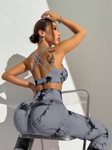 Slayoga Conjunto esportivo sem costura de alta elasticidade com tie-dye (estampa aleatória) Conjunto de treino feminino Conjunto de leggings feminino