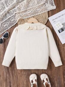Young Girl Plain Crew Neck Ruffle Hem Long Sleeve Sweater - Apricot - View 2