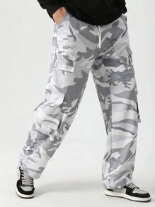 Manfinity LEGND Men's Front Lace-Up Pocket Camo Casual Long Pants, Daily Wear Long Straight Leg Drawstring Cargo Pants, For Husband, Boyfriend Gifts - Multicolor - View 4