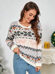SHEIN LUNE Women's Casual Reindeer Pattern Round Neck Long Sleeve Sweater, Autumn/Winter