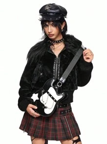 ROMWE Grunge Punk 女士复古朋克风格吉他图案撞色星星装饰休闲单肩包带链条 - 黑色 - 查看 5