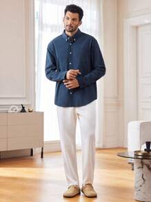 Manfinity RelaxMax 男式纯色口袋长袖尖领纽扣衬衫