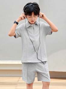 SHEIN Tween男孩鬆身休閒針織純色短袖polo衫和短褲2件套裝 - 灰色 - 查看 10