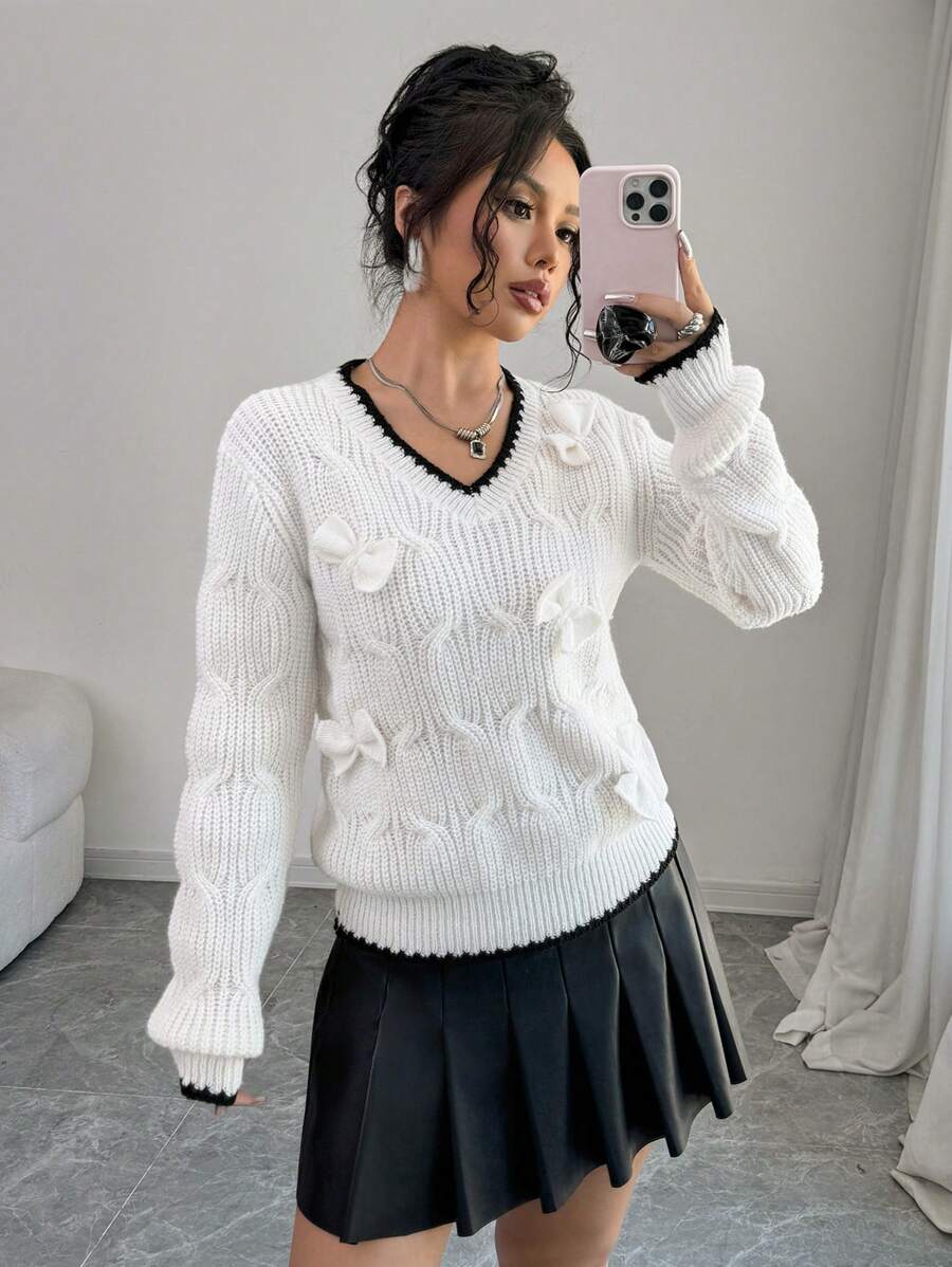 Elenzga 女士 V 领蝴蝶结拼色纹理套头衫 - 黑與白 - 查看 1