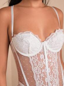 SHEIN BAE 女士细肩带蕾丝拼接黑色紧身胸衣上衣性感紧身衣、万圣节服装、猫女服装 - 白色 - 查看 5