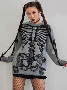 SHEIN Unity Women's Autumn Winter Skeleton Pattern Drop Shoulder Loose Casual Versatile Sweater,Long Sleeve Tops, Knit Pullover Fall - Multicolor - View 6