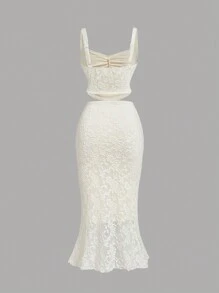 SHEIN MOD 大码杏色蕾丝背心鱼尾裙两件套梦幻正式套装、舞会套装、邮轮女装、90 年代套装、韩国时尚、晚宴套装， - 杏色 - 查看 2