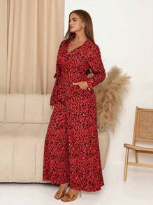 SHEIN Clasi Fashion Leopard Print Wrap Long Sleeve Palazzo Jumpsuit, Autumn Winter Women Clothes Red Jumpsuit Elegant Women Dresses Red Jumpsuit Red Women Jumpsuit New Years Women Outfit Cheetah Print
