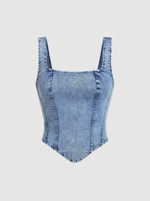 SHEIN X ELOISA & ORSON SHEIN MOD Top de mezclilla sin mangas con cuello cuadrado y bajo asimétrico para mujeres
