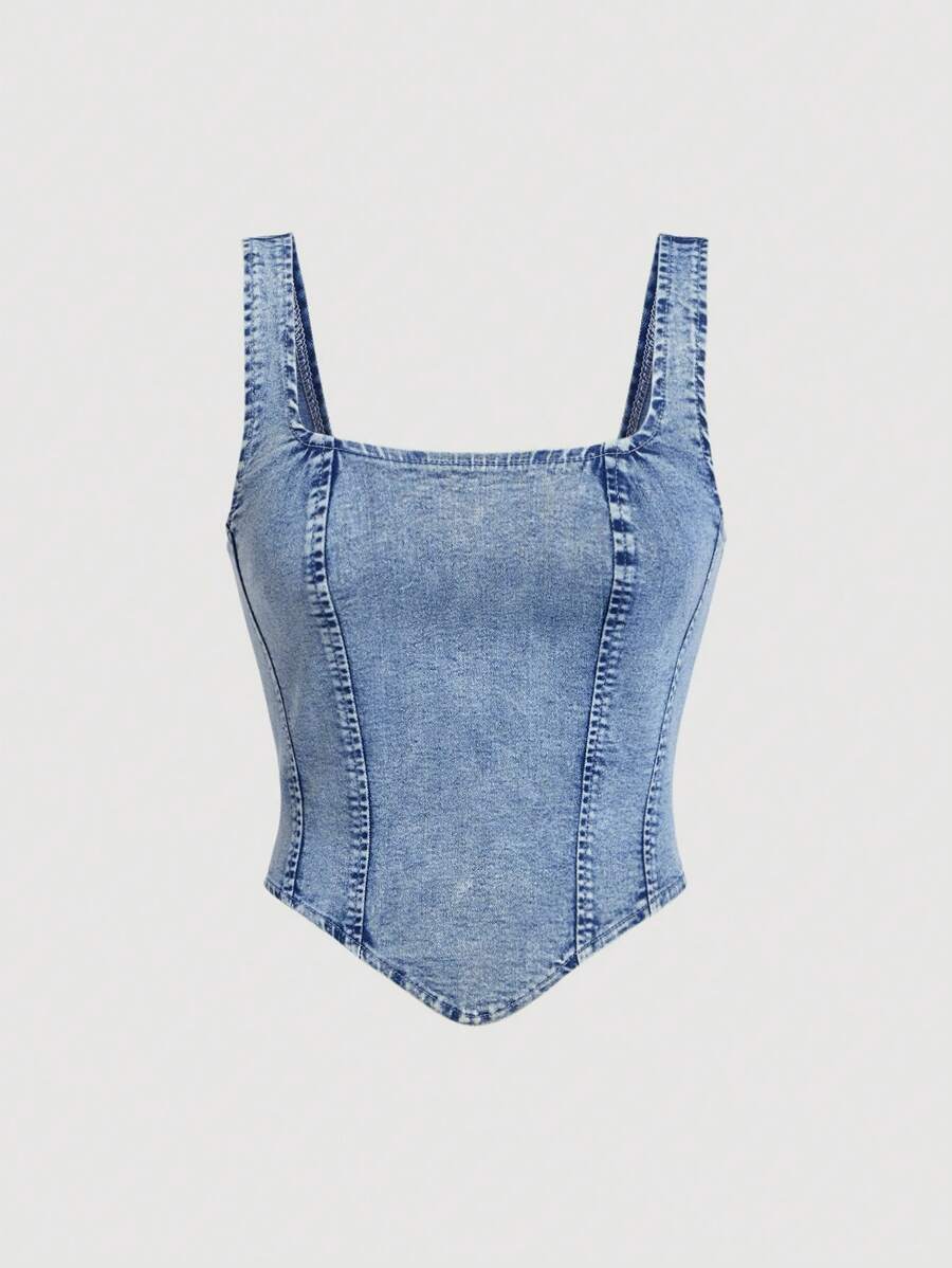 SHEIN X ELOISA & ORSON SHEIN MOD Top de mezclilla sin mangas con cuello cuadrado y bajo asimétrico para mujeres