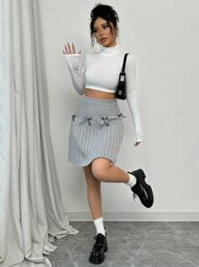 Chiquease 2024 Autumn/Winter New Arrival Sweet Ribbons Bowknot Pleated High Waist Knit Skirt - Light Grey - View 4