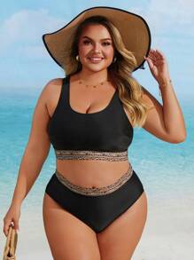 Swim Lushoire 2025 Plus Size Color Block Two-Piece Bikini Summer - Black - View 4