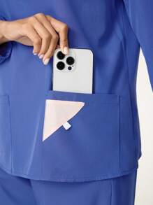 TaskEZ Women's Solid V-Neck Long Sleeve Pocket Design Casual Scrub Uniform Top - Blue - View 7