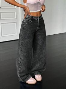 SHEIN PETITE 90s , Women's Basic Casual Loose Blue Denim Pants, Bow Jeans, Homecoming Jeans, Korean Fashion, Baggy Women Jeans, Jeans With Bow, Tall Women Jeans - Black - View 2