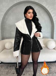 SHEIN SXY 女士冬季黑白皮革镶边落肩长袖修身羊毛夹克、皮草大衣、黑色皮夹克、羊毛夹克、黑色皮草大衣、外套连衣裙、泰迪大衣、冬季女士外套 - 黑與白 - 查看 1